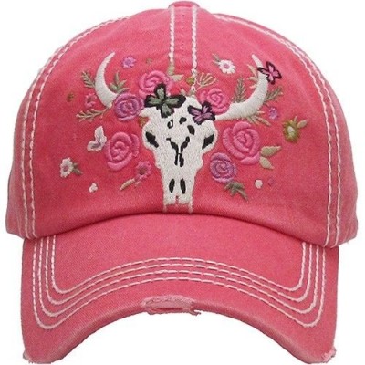 Longhorn Cow Skull Roses Ladies Cap Red Factory Distressed Hat  eb-65685969